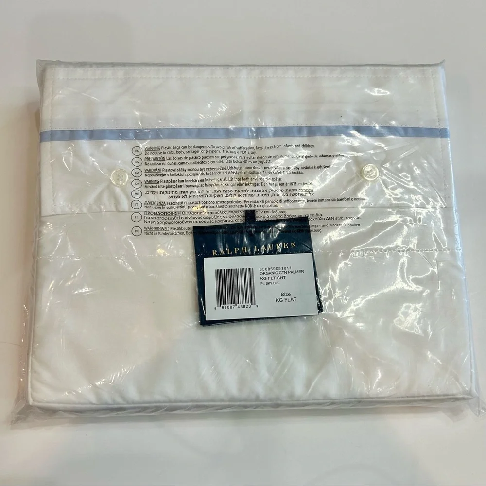Ralph Lauren Home Organic Cotton Percale Palmer King Flat Sheet Sky Blue NEW